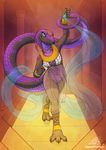  3_toes 5_fingers anthro black_scales blue_eyes blue_tongue breasts clothing detailed_background featureless_crotch female navel neotheta non-mammal_breasts purple_scales reptile scales scalie snake solo standing toes translucent transparent_clothing 