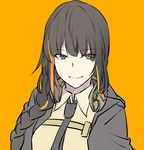  bangs black_hair black_neckwear braid closed_mouth commentary commentary_request eyebrows_visible_through_hair girls_frontline grey_eyes long_hair looking_at_viewer m16a1_(girls_frontline) military military_uniform mole mole_under_eye multicolored_hair necktie orange_background orange_hair simple_background single_braid smile solo streaked_hair uniform upper_body xiujia_yihuizi 