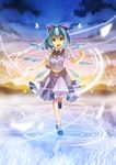  :d abi_(abimel10) bangs black_ribbon blue_eyes blue_hair blue_skirt blue_vest blush bobby_socks bow cirno commentary_request full_body hair_between_eyes hair_bow highres ice ice_wings looking_at_viewer mary_janes misty_lake neck_ribbon open_mouth outdoors puffy_short_sleeves puffy_sleeves ribbon shoes short_hair short_sleeves skirt skirt_set smile socks solo standing standing_on_liquid touhou vest wings 