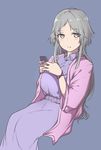  blue_background blush breasts cardigan cellphone commentary dress eyebrows_visible_through_hair grey_eyes grey_hair highres holding holding_phone large_breasts long_hair looking_at_viewer open_cardigan open_clothes original parted_lips phone purple_dress sidelocks simple_background sitting smartphone solo xiujia_yihuizi 