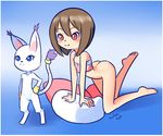  1girl arm_support ass brown_hair digimon gradient_background no_panties pink_eyes ryuhi smile tailmon yagami_hikari 