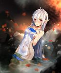  ahoge bare_shoulders blurry blush bokeh breasts collarbone covered_navel covering depth_of_field dutch_angle fu-mi.a hair_between_eyes hands_on_own_chest highres leaf long_hair maple_leaf medium_breasts nude_cover onsen ortlinde=nblg=valkyria outdoors pointy_ears red_eyes silver_hair smile solo sound_voltex steam towel very_long_hair wading wet wet_hair 