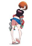  barefoot bob_cut breasts denim denim_skirt full_body gyosone jacket kill_la_kill large_breasts mankanshoku_mako miniskirt off_shoulder panties pantyshot pantyshot_(standing) shirt short_hair skirt solo standing t-shirt toes underwear white_background 