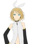  blonde_hair blue_eyes bow breasts choker commentary_request detached_sleeves dress hair_bow hair_ornament hairclip hand_on_hip highres kagamine_rin kagamine_rin_(append) looking_at_viewer navel short_hair simple_background small_breasts smile solo standing sugi_214 treble_clef upper_body vocaloid vocaloid_append white_background white_dress work_in_progress 