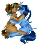  alpha_channel blue_eyes blue_feathers braided_hair brown_hair equine fan_character feathered_wings feathers female green_eyes hair hooves horn kissing mammal my_little_pony pegasus pridark simple_background tongue transparent_background winged_unicorn wings 