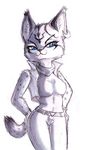  2011 absurd_res anthro belt biped blue_eyes breasts clothed clothing ear_piercing eyebrows eyelashes facial_markings feline female hi_res lynx mammal markings miyu_lynx monochrome naaraskettu nintendo piercing portrait shadow sketch solo standing star_fox three-quarter_portrait video_games 