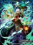  abs boots bracelet copyright_name crown dark_skin dark_skinned_male faceless faceless_female fairy fairy_wings fire force_of_will jewelry lantern leaf long_hair male_focus mayo_(becky2006) midriff navel oberon_(force_of_will) official_art orange_eyes pointy_ears solo_focus staff white_hair wings 