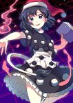  blue_eyes blue_hair book doremy_sweet dream_soul dress frilled_dress frills hat holding holding_book nightcap outstretched_hand pom_pom_(clothes) sameya short_hair short_sleeves solo space tail tapir_tail touhou 