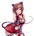  ;d animal_ears bad_id bad_pixiv_id blush breasts brown_hair cat_ears cat_tail choker cleavage commentary earrings elbow_gloves fang fingerless_gloves gloves green_eyes idolmaster idolmaster_cinderella_girls jewelry lace_trim large_breasts looking_at_viewer maekawa_miku michudx navel navel_cutout one_eye_closed open_mouth paw_pose paw_print short_hair simple_background smile solo tail white_background zipper 
