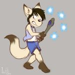  2015 anthro barefoot black_hair blue_eyes canine clothing digital_media_(artwork) dipstick_tail fox gloves_(marking) grey_background hair holding_object inner_ear_fluff iztli magic male mammal markings multicolored_tail navel nervous shorts simple_background socks_(marking) solo staff vest walking young 