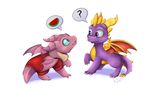  ? awesomenauts blue_eyes clothed clothing dragon duo female feral food fruit horn melon nibbs pridark purple_eyes scalie simple_background spyro spyro_the_dragon video_games watermelon white_background wings 