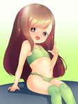  1girl bare_arms born-to-die bow bow_panties child eyebrows_visible_through_hair fang female gradient gradient_background green_background green_legwear green_panties long_hair midriff open_mouth over-kneehighs sketch solo thighhighs underwear 