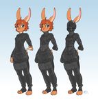  2017 alec8ter anthro bdsm blindfold blue_background bondage_gloves bulge clothed clothing corset gag gagged gimp_suit gradient_background harness kai_yun-jun lagomorph lingerie looking_at_viewer male mammal rabbit raised_eyebrow signature simple_background solo standing straps zipper 