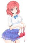  1girl bra breasts erect_nipples frapowa frown holding holding_bra large_breasts love_live! love_live!_school_idol_project nishikino_maki no_bra purple_eyes red_bra red_hair school_uniform short_hair sparkle 