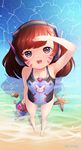  1girl bare_arms bare_legs born-to-die bucket child collarbone covered_navel d.va_(overwatch) flat_chest from_above full_body headgear heart heart-shaped_pupils holding long_hair looking_at_viewer looking_up one-piece_swimsuit open_mouth overwatch sand seashell shovel standing starfish swimsuit symbol-shaped_pupils water whisker_markings 