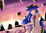  &gt;:) above_clouds bangs black_hat blue_hair bow bowtie closed_mouth commentary_request cowboy_shot dress_shirt floating_rock food frilled_shirt frills fruit hat hinanawi_tenshi holding holding_sword holding_weapon leaf long_hair looking_at_viewer luke_(kyeftss) peach puffy_short_sleeves puffy_sleeves rainbow_order red_bow red_eyes red_neckwear shirt short_sleeves smile solo sunrise sword sword_of_hisou touhou v-shaped_eyebrows weapon 