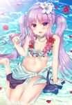  aqua_bikini arm_support ass_visible_through_thighs bangs bikini blush breasts choker collarbone commentary_request euryale eyebrows_visible_through_hair fate/hollow_ataraxia fate_(series) flower flower_necklace from_above front-tie_bikini front-tie_top hair_flower hair_ornament hibiscus jewelry lei lens_flare light_rays lily_(flower) long_hair looking_at_viewer medium_breasts nail_polish navel necklace open_mouth partially_submerged petals purple_eyes purple_hair purple_nails sarong sidelocks sitting smile solo suzune_rena swimsuit thighs twintails wariza water white_flower 