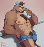  2017 abs anthro arm_support backwards_baseball_cap baseball_cap bear beard beverage biceps big_muscles biped black_nose blue_bottomwear blue_clothing blue_underwear body_hair bovine boxer_briefs brown_fur brown_hair brown_tail bulge cattle cel_shading chest_hair clothed clothing coffee countershade_face countershade_torso countershading cup digital_media_(artwork) facial_hair front_view fur green_eyes grey_horn hair hat hi_res holding_cup holding_object horn hybrid iotran leaning leaning_back leaning_on_elbow licking licking_lips male mammal multicolored_fur muscular muscular_male nipple_piercing nipples pecs piercing pink_nipples pink_tongue portrait pubes rheobear signature solo tan_countershading tan_fur three-quarter_portrait tongue tongue_out topless two_tone_fur underwear 