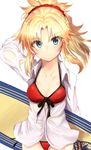  absurdres blonde_hair breasts cleavage closed_mouth collarbone eyebrows_visible_through_hair fate/grand_order fate_(series) green_eyes highres large_breasts looking_at_viewer mordred_(fate)_(all) mordred_(swimsuit_rider)_(fate) ranf short_hair short_ponytail solo 