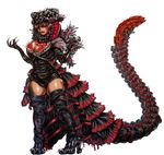  breasts brown_hair cleavage dark_skin full_body hair_over_eyes large_breasts monster_girl nanbokutou personification shin_godzilla solo standing tail talons tan 