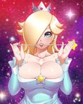  1girl blonde_hair breasts cleavage crown edit hair_over_one_eye jadenkaiba large_breasts rosetta_(mario) super_mario_bros. super_mario_galaxy 