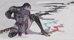  arm_guards bad_id bad_twitter_id black_eyes black_hair blood blood_trail bodysuit conohi_(snvcenni) covered_navel fate/grand_order fate_(series) fingerless_gloves from_side full_body gloves half-closed_eyes katana long_hair minamoto_no_raikou_(fate/grand_order) one_knee sandals shadow shin_guards snow solo sword weapon 