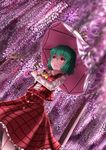  ascot bangs blurry blush commentary cowboy_shot day depth_of_field dutch_angle flower green_hair holding holding_umbrella kazami_yuuka long_sleeves looking_away luke_(kyeftss) open_clothes open_vest parasol parted_lips plaid plaid_skirt plaid_vest red_eyes shirt short_hair skirt skirt_set smile solo standing touhou umbrella vest white_shirt wisteria 