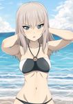  armpits arms_behind_head bikini blue_eyes breasts cleavage girls_und_panzer grey_hair inoshira itsumi_erika long_hair medium_breasts navel ocean solo swimsuit 