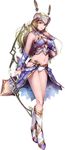  absurdres armor bangs bare_shoulders bikini_armor blonde_hair blue_eyes boots bow_(weapon) breastplate feathers full_body helmet highres holding holding_bow_(weapon) holding_weapon knee_boots long_hair looking_at_viewer midriff navel official_art parted_lips purple_armor silmeria_valkyrie simple_background solo standing valkyrie_profile valkyrie_profile_2 valkyrie_profile_anatomia weapon white_background 