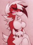  2017 anthro breasts canine claws crossed_legs digital_media_(artwork) domination female female_domination fur lycanroc mammal midnight_lycanroc napdust nintendo pink_eyes pok&eacute;mon ring_eyes simple_background smile solo video_games white_fur 