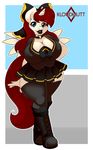  &lt;3 2017 anthro black_lipstick blue_eyes boots bow breasts cleavage clothed clothing collar equine eyeliner eyeshadow fan_character female footwear hair horn kloudmutt legwear lipstick makeup mammal my_little_pony nipple_bulge red_hair solo stockings thick_lips winged_unicorn wings 