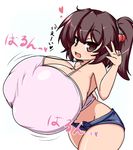 1girl breasts brown_eyes brown_hair female gigantic_breasts hair_bobbles looking_at_viewer mound_of_venus moyashi_udon no_bra no_panties no_underwear open_mouth pants ponytail puffy_nipples shirt shorts simple_background solo standing text translated v white_background 