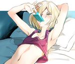  arm_up armpits blonde_hair blush coin_rand food green_eyes hair_over_one_eye male_focus midriff navel popsicle tank_top tank_top_lift upper_body yuri!!!_on_ice yuri_plisetsky 