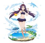  ahoge anklet ball barefoot beachball bikini bikini_skirt black_bikini floating_hair food fruit full_body grin hair_ribbon hairband holding holding_food jewelry layered_skirt leg_up legs long_hair looking_at_viewer navel necklace official_art palm_tree pointy_ears purple_hair red_eyes red_hairband red_ribbon ribbon simple_background smile solo standing striped striped_bikini swimsuit sword_art_online sword_art_online:_code_register tree twintails very_long_hair water white_background yuuki_(sao) 