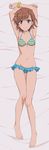  absurdres armpits arms_up artist_request ass_visible_through_thighs bare_shoulders barefoot bed_sheet bikini blue_bikini_bottom blush breasts brown_eyes brown_hair dakimakura frilled_bikini_bottom frills full_body hair_ornament highres looking_at_viewer lying misaka_mikoto mismatched_bikini multicolored_bikini_top navel official_art scrunchie short_hair small_breasts smile solo striped striped_bikini swimsuit thigh_gap to_aru_kagaku_no_railgun to_aru_majutsu_no_index wrist_scrunchie yellow_scrunchie 