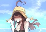  ^_^ ahoge bangs bikini black_bikini blue_sky blush breasts brown_hair cleavage clenched_hands closed_eyes commentary day eyebrows_visible_through_hair facing_viewer grin hands_on_headwear happy hat hat_tug heart_ahoge huge_ahoge kantai_collection kongou_(kantai_collection) long_hair medium_breasts ocean outstretched_wrists sky smile solo straw_hat sun_hat swimsuit teeth yuzuruka_(bougainvillea) 