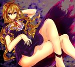  blonde_hair breasts chada_atariatama choker cleavage closed_mouth commentary_request crossed_legs dress hair_ribbon highres large_breasts long_hair looking_at_viewer no_hat no_headwear puffy_short_sleeves puffy_sleeves purple_dress purple_eyes red_ribbon ribbon ribbon_choker short_sleeves smile solo thighs touhou yakumo_yukari 
