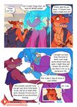  5_fingers anthro blue_hair clothed clothing comic duo english_text feline female genie green_eyes hair horn lizard male mammal open_mouth purple_eyes reptile saber-toothed_cat scalie smile teeth text tongue zummeng 