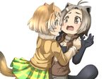  &gt;:) american_beaver_(kemono_friends) animal_ears antenna_hair beaver_ears beaver_tail black-tailed_prairie_dog_(kemono_friends) blush brown_eyes brown_hair collarbone commentary_request d: elbow_gloves eye_contact face-to-face fur_collar gloves gradient_hair hair_ornament hand_on_another's_shoulder hands_up high_collar highres imminent_kiss jacket kemono_friends long_sleeves looking_at_another multicolored_hair multiple_girls navel open_clothes open_jacket open_mouth pleated_skirt prairie_dog_ears prairie_dog_tail short_hair shorts simple_background skirt sleeveless_jacket smile standing sweater tail thin_(suzuneya) upper_body v-shaped_eyebrows white_background yuri 
