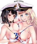  atago_(kantai_collection) bikini black_hair blonde_hair blue_bikini blue_eyes breast_press breasts circle_name closed_mouth collarbone gloves hat hayakawa_akari kantai_collection large_breasts lips long_hair looking_at_viewer military_hat multiple_girls open_mouth red_bikini red_eyes short_hair simple_background skindentation striped striped_bikini swimsuit symmetrical_docking takao_(kantai_collection) upper_body white_background white_gloves 