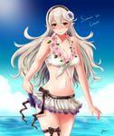  beach bikini breasts cleavage cleavage_cutout day female_my_unit_(fire_emblem_if) fire_emblem fire_emblem_heroes fire_emblem_if flower full_body hair_flower hair_ornament hibiscus highres large_breasts lei long_hair looking_at_viewer mamkute my_unit_(fire_emblem_if) pointy_ears red_eyes skirt smile solo swimsuit white_hair yori_ill 