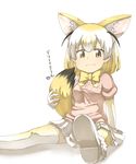  animal_ears arm_behind_back arm_support blonde_hair bow bowtie breast_pocket brown_eyes commentary_request extra_ears eyebrows_visible_through_hair fennec_(kemono_friends) fox_ears fox_tail full_body gloves hand_up heart highres holding holding_tail kemono_friends looking_at_viewer multicolored_hair outstretched_leg pink_sweater pleated_skirt pocket shoes short_hair short_sleeves simple_background sitting skirt smile soles solo sweater tail thighhighs thin_(suzuneya) translated two-tone_hair white_background white_hair white_skirt zettai_ryouiki 