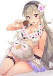  bare_shoulders bikini bird blush breasts cleavage feh_(fire_emblem_heroes) female_my_unit_(fire_emblem_if) fire_emblem fire_emblem_heroes fire_emblem_if flower food grey_hair hair_flower hair_ornament hairband hibiscus ichikei large_breasts lei long_hair looking_at_viewer mamkute my_unit_(fire_emblem_if) open_mouth owl popsicle red_eyes skirt swimsuit thigh_strap white_background 