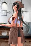  apron arm_ribbon ass back bangs bare_shoulders black_hair black_skirt breasts brown_eyes cooking counter cowboy_shot day eyelashes final_fantasy final_fantasy_vii fingernails food fried_rice from_behind highres holding holding_plate indoors kitchen lamp large_breasts long_fingernails long_hair looking_at_viewer looking_back miniskirt original parted_lips picture_frame plate red_ribbon ribbon rice sidelocks skirt sleeveless smile solo sports_bra standing steam stove suuitchi teeth tifa_lockhart wall 