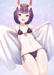  bangs bikini breasts cameltoe commentary_request eyebrows_visible_through_hair fangs fate_(series) forehead_jewel front-tie_bikini front-tie_top halter_top halterneck highres horns looking_at_viewer oni purple_bikini purple_eyes purple_hair short_hair shuten_douji_(fate/grand_order) side-tie_bikini small_breasts smile solo sparkle standing string_bikini sunsuke swimsuit thick_eyebrows thigh_gap towel white_towel 