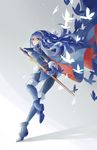  aya_(8819062) blue_eyes blue_hair bug butterfly cape falchion_(fire_emblem) fire_emblem fire_emblem:_kakusei highres holding holding_sword holding_weapon insect long_hair looking_at_viewer lucina simple_background solo sword unsheathed weapon 