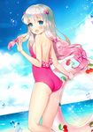  :d ass ayamy beach blue_eyes blush bow breasts cherry_print commentary_request day eromanga_sensei food_print gradient_hair hair_bow hand_up holding innertube izumi_sagiri long_hair low-tied_long_hair multicolored_hair ocean one-piece_swimsuit open_mouth outdoors pink_bow pink_hair pink_swimsuit silver_hair small_breasts smile solo swimsuit tareme thighs water_drop 