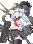  anchor anchor_symbol bad_id bad_pixiv_id black_hat black_legwear black_skirt blue_eyes blush commentary_request cowboy_shot eyebrows_visible_through_hair flat_cap hair_between_eyes hat hibiki_(kantai_collection) kantai_collection long_hair looking_at_viewer midriff miniskirt musouzuki navel neckerchief pleated_skirt red_neckwear rigging salute school_uniform serafuku shirt silver_hair simple_background skirt smile solo stomach thighhighs torpedo torpedo_tubes turret white_background white_shirt zettai_ryouiki 