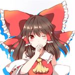  blouse blush bow brown_hair commentary detached_sleeves finger_to_mouth hair_bow hair_ribbon hair_tubes hakurei_reimu head_tilt huge_bow large_bow long_hair looking_at_viewer one_eye_closed red_eyes ribbon solo touhou yellow_neckwear yururi_nano 