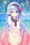  beach blue_eyes blue_hair bow commentary_request day hair_bow hibiki_(kantai_collection) innertube kantai_collection long_hair looking_at_viewer navel outdoors panties revision school_uniform serafuku sky solo tsukiji underwear water white_panties 